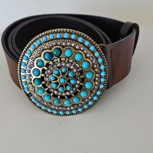 Landes Leather Belt With Turquoise-look Embellished Buckle XL.